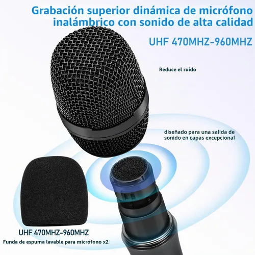 Vista 2 de Sistema de karaoke inalámbrico con receptor Bluetooth recargable, micrófono inalámbrico dinámico de mano profesional, rango UHF de 200 pies, salida