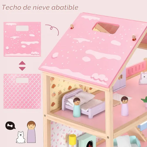 Vista 4 de Pillowhale - Casa de muñecas de madera, moderna casa de muñecas con accesorios para muebles Rosa