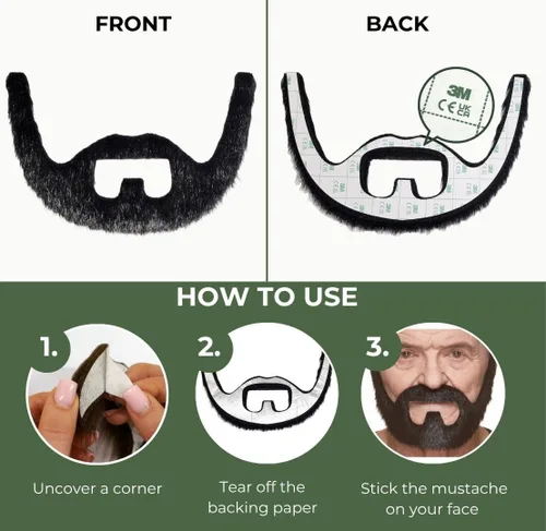 Vista 6 de Mustaches - Barba postiza y autoadhesiva de persona bajo fianza, accesorio de disfraz facial postizo para adultos, color negro brillante