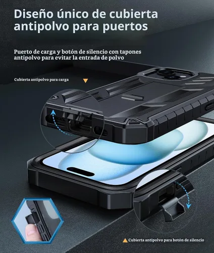 Vista 6 de FNTCASE - Funda para iPhone 15/14/13, protector de pantalla integrado, función atril 20FT Military-Grade Drop Protection, Anti-Slip Matte