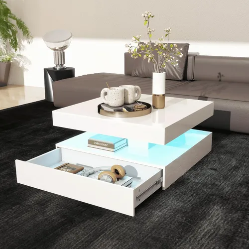 Vista 8 de FKWin Mesa de centro blanca para sala de estar, mesa de centro moderna con luces LED y almacenamiento, mesa central de sala de estar de alta