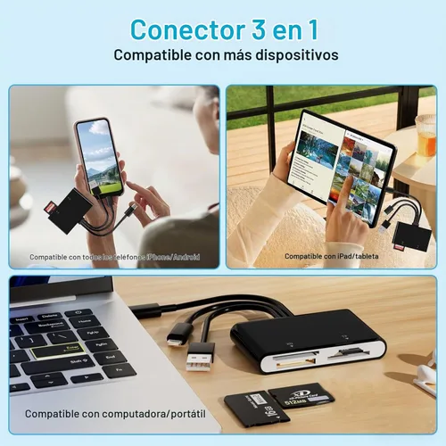 Vista 6 de Adaptador Memory Stick Pro Duo, lector de tarjetas SD/TF/MS/XD 4 en 1, lector de tarjetas XD para USB C/Lightning/USB A, lector de tarjetas multi-SD