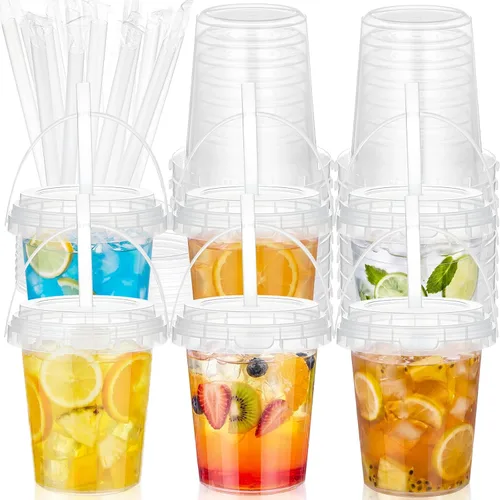 Vista 10 de Willinglong Juego de 20 cubos de plástico transparente de 16 onzas para bebidas con pajitas, tapas y jeringas para bebidas, tazas de café helado