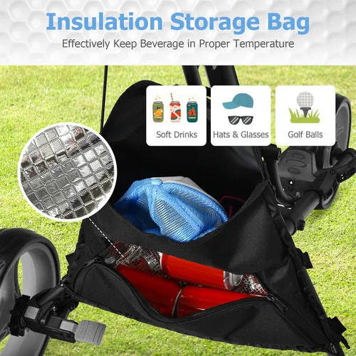 Vista 6 de Tangkula Carrito de golf de empuje, carrito de empuje plegable de aluminio ligero de 3 ruedas, carrito de golf con correa elástica, paraguas y Gris