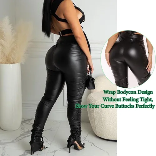 Vista 4 de Leggings de cuero sintético para mujer, mallas de cuero plisadas de cintura alta, pantalones apilados con dobladillo dividido