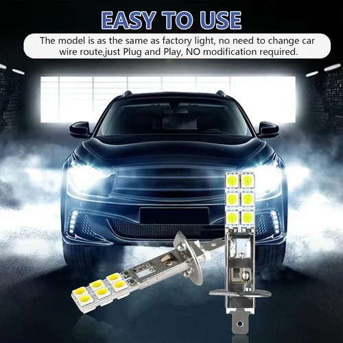 Vista 5 de 4 lámparas antiniebla LED H1 para automóvil, 2.4 pulgadas x 0.4 pulgadas, metal súper brillante 12SMD-5050 chip Plug and Play, bombillas LED de haz
