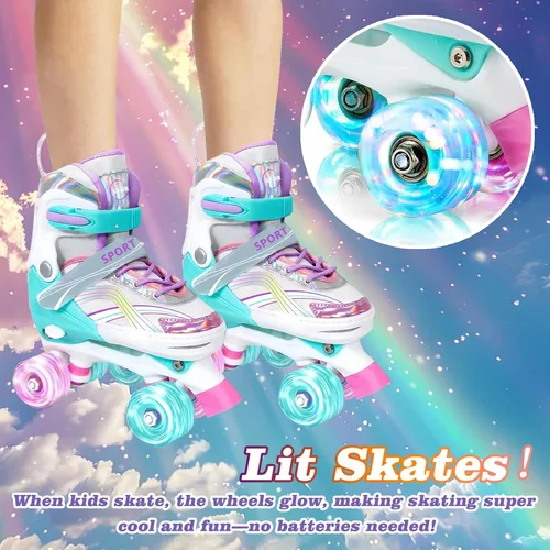 Vista 4 de Adjustable Kids Roller Skates for Girls and Boys Ages 3-5 5-8 8-12, All 8 Wheels of Girl's Skates Shine, Safe and Fun Illuminating for Outdoor