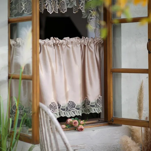 Vista 7 de SUTAVIA Juego de 2 cortinas clásicas de encaje rosa para cocina, cortinas de cafetería, cortinas de satén dorado con bolsillo para barra