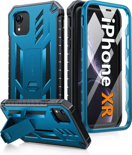 Vista 8 de FNTCASE Funda para iPhone XR: [Protector de pantalla y soporte integrados] [Protección contra caídas de grado militar] Funda de teléfono resistente