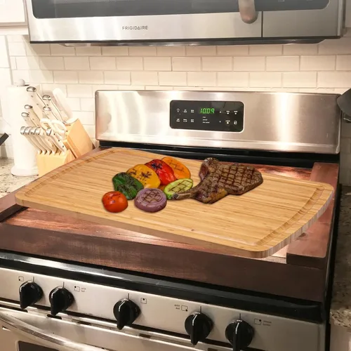 Vista 7 de Tabla de cortar de bambú extra grande de 30 pulgadas para cocina, tabla de cortar de madera con ranura para jugo, tabla de cortar reversible