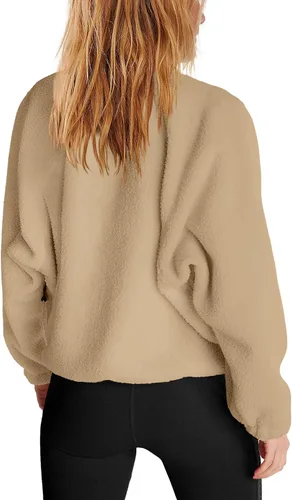 Vista 2 de Nirovien - Chaqueta de forro polar con capucha para mujer, manga larga, sherpa, sudadera mullida, abrigada, con botones y bolsillos Un rosa