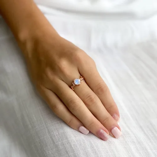 Vista 7 de ASANA - Anillo de compromiso único de piedra lunar para mujer, oro rosa de 14 quilates sobre plata de ley, anillo de compromiso único, banda