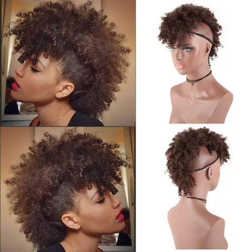 Vista 6 de Aisaide Cola de caballo afro Mohawk alta con flequillo sin cordón, extensión de cola de caballo corta rizada sin cordón, clip sintético en moño