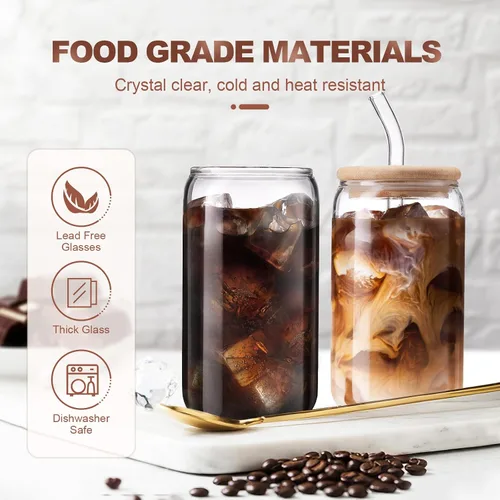 Vista 2 de DWTS DANWEITESI Tazas de café helado con tapas, 2 piezas, tazas de vidrio de 16 onzas con tapas y pajitas como accesorios de barra de café, vasos