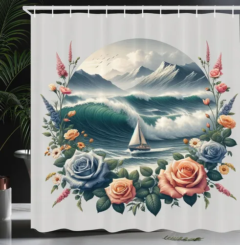 Vista 33 de Ambesonne Cortina de ducha de gato, diseño bohemio de estilo étnico con poses de gatitos sentados y acostados, juego de decoración de baño de tela