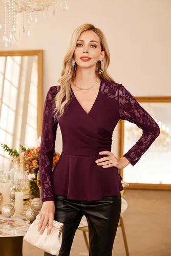 Vista 4 de GRACE KARIN Blusas de verano para mujer, elegante blusa con cuello en V y manga corta abombada