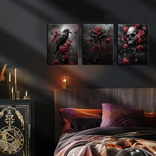 Vista 2 de Juego de 3 lienzos góticos para pared, diseño de rosas románticas de Halloween, decoración de pared, pósteres de calavera de cuervo gótico oscuro