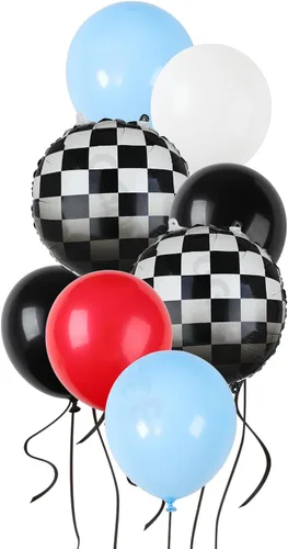 Vista 8 de Paquete de Globos de Coche de Carreras Globos a Cuadros Azules y Negros de Látex para Niños Un Feliz Primero, Segundo, Vintage, Dos, Rápidos, Un