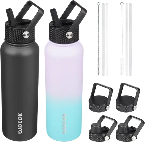 Vista 15 de BJPKPK Paquete de 2 botellas de agua aisladas con tapas con pajita, botella de agua de metal de acero inoxidable de 18oz con 6 tapas, jarras a