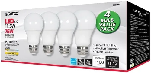 Vista 6 de Satco 28769-11.5A19/LED/27K/ND/120V/4PK S28769 A19 A Line Pera4 Bombilla LED