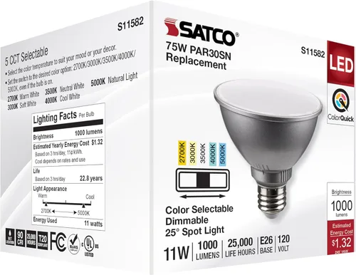 Vista 8 de Satco S11582; LED PAR30SN de 11 vatios; base media; acabado plateado; CCT seleccionable; 120 voltios; ángulo de haz de 25 grados
