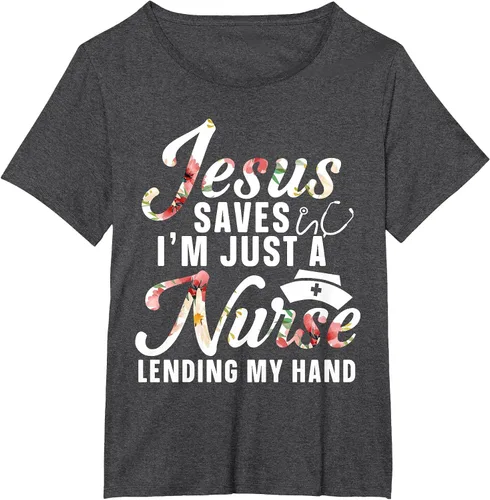 Vista 8 de Jesus Saves I'm Just A Nurse Lending My Hand RN Christian T-Shirt Asphalt Grey