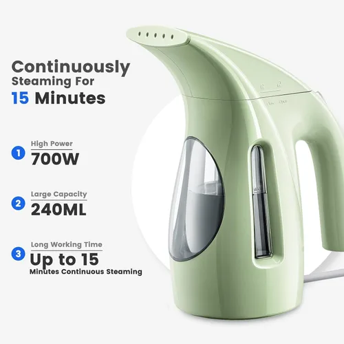 Vista 2 de HiLIFE Vaporizador para ropa, diseño portátil de mano, 240ml de gran capacidad, 700W, vapor penetrante fuerte, elimina arrugas, para el hogar, Verde