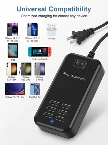 Vista 3 de Estación de carga USB, estación de carga de escritorio de 6 puertos para múltiples dispositivos, regleta de alimentación de pared con interruptor