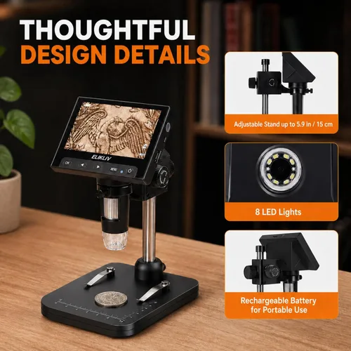 Vista 7 de Elikliv Microscopio para monedas, microscopio digital LCD de 4.3 pulgadas, 1000x, lupa de monedas con 8 luces LED ajustables, vista de PC compatible