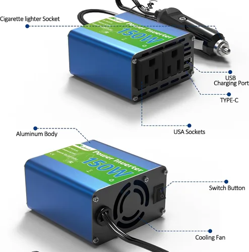 Vista 4 de 150W inversor de corriente 12V DC a 120V AC enchufe adaptador de enchufe de coche toma de corriente con 2 salidas de CA, para vehículos, salida
