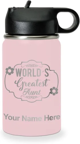 Vista 78 de LaserGram Botella de agua con tapa abatible de doble pared de 12 onzas con pajilla, la tía más grande del mundo, grabado personalizado incluido Negro