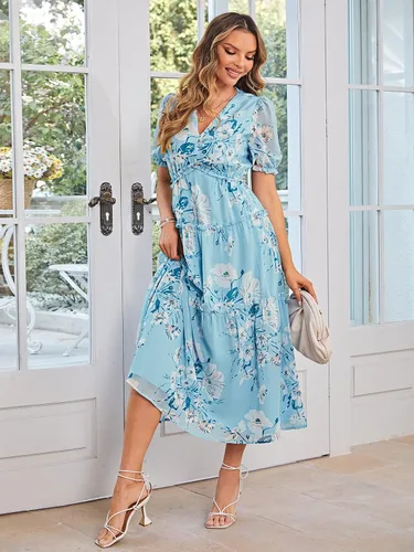Vista 3 de Amegoya - Vestido largo casual de manga corta con cuello en V para mujer, diseño floral, estilo bohemio, para la playa, sesión de fotos, con volantes