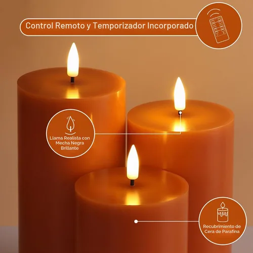 Vista 4 de Juego de 3 velas de pilar sin llama con control remoto, color naranja