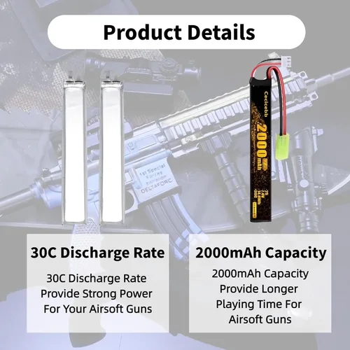 Vista 3 de Batería Airsoft 7.4V 2000mAh 30C con Mini Tamiya Plug para Airsoft Modelo Pistolas Recargable 2S Lipo Batería 2 Pack con 7.4V USB Cargador Cable