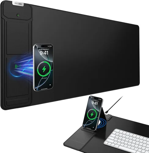Vista 17 de Wireless Charging Mouse Pad with Foldable Phone Holder, 31.5"x15.8" XXL Excel Cheat Sheet Desk Mat for Laptop/Keyboard, Waterproof Ultra-Smooth