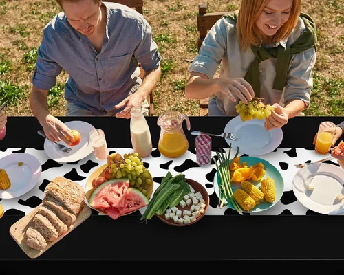 Vista 7 de Paquete de 3 manteles con estampado de vaca negra, 54 x 108 pulgadas, mantel rectangular desechable para fiesta de vaquera occidental, mi primer