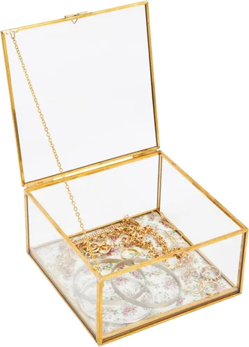 Vista 7 de Zodaca Joyero pequeño de cristal para recuerdos con marco de metal dorado, tapa de bisagra, diseño floral vintage (6 x 6 x 3 pulgadas)