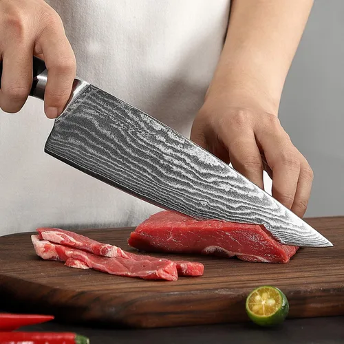 Vista 7 de NANFANG BROTHERS Cuchillo de chef de 8 pulgadas, 67 capas VG10 de acero de damasco, mango ergonómico de triple remache ABS antideslizante