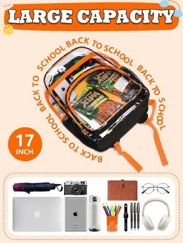 Vista 6 de BLUEFAIRY Mochila transparente para escuela, estadio, mochila transparente aprobada para niños, resistente PVC, bolsa grande transparente, Naranja