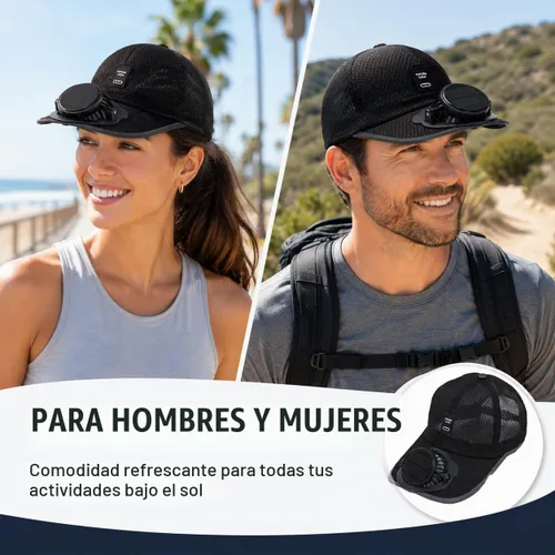 Vista 5 de Sombrero de pesca con ventilador solar, recargable por USB, negro