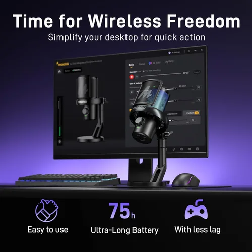 Vista 3 de MAONO Micrófono inalámbrico para juegos para PC, micrófono USB de condensador con software de cambio de voz AI, cancelación de ruido de 3 niveles