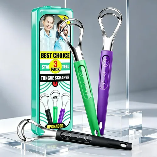 Vista 2 de Paquete de 3 raspadores de lengua de metal para niños y adultos, limpiador de lengua de acero inoxidable con estuche de viaje