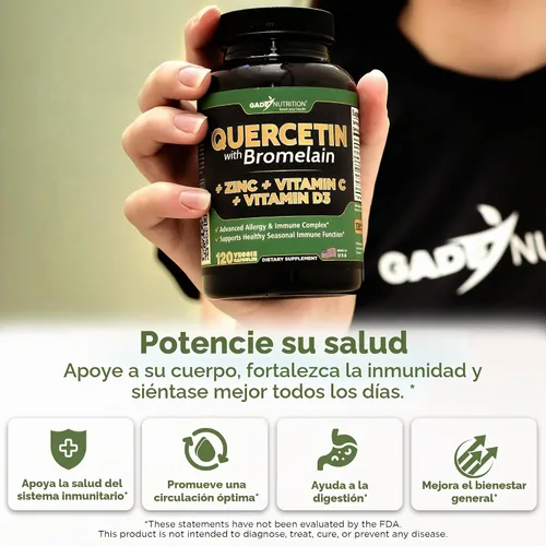 Vista 2 de Quercetina con vitamina C y zinc - Quercetina 500 mg - Quercetina con bromelina - Quercetina de zinc - 120 cápsulas vegetarianas. Suplementos