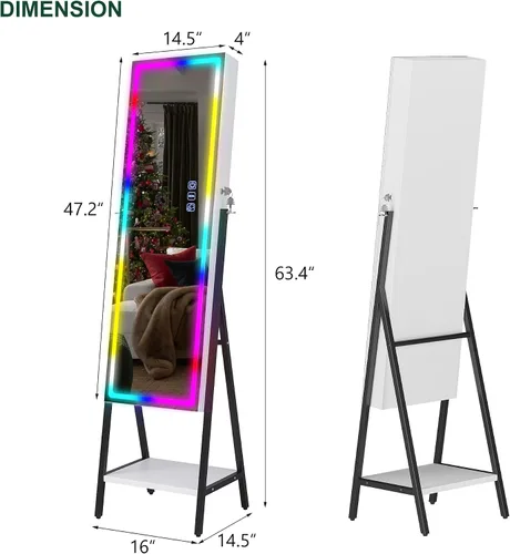 Vista 7 de HNEBC Armario de joyería con espejo LED RGB, organizador de joyas de pie de longitud completa con almacenamiento, espejo de joyería con cerradura
