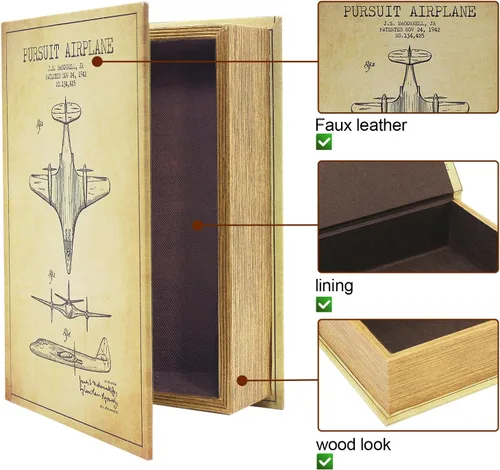 Vista 4 de PACOLO Cajas de libros decorativas, cubierta de madera sintética para almacenamiento oculto de joyas, dinero y efectivo (Avión)