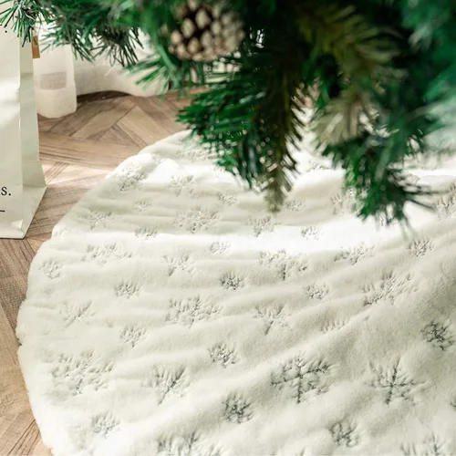 Vista 26 de Faldones de Felpa para Árbol de Navidad, 24 pulgadas, Lujosa Cubierta de Base de Árbol de Navidad de Piel Sintética Negra con Copos de Nieve Dorados