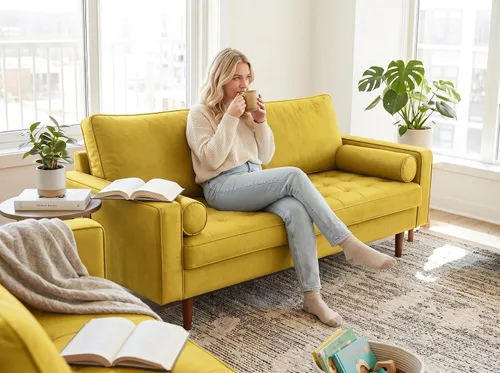 Vista 14 de Container Furniture - Sofá de piel sintética para la sala de estar moderna con cojines extraíbles y patas de madera maciza, sofá estilo lujoso