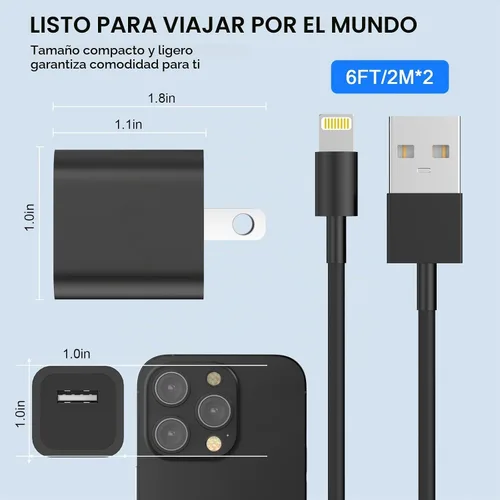 Vista 2 de Cargador de iPhone, [certificado MFi] Paquete de 2 cables Lightning de 6 pies de sincronización de datos con 2 cargadores de pared USB adaptador