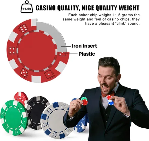 Vista 5 de 100 fichas de póquer de casino de 5 colores, juego de fichas de casino, fichas de casino de 0.41 oz para juegos de cartas de casino Texas Holdem