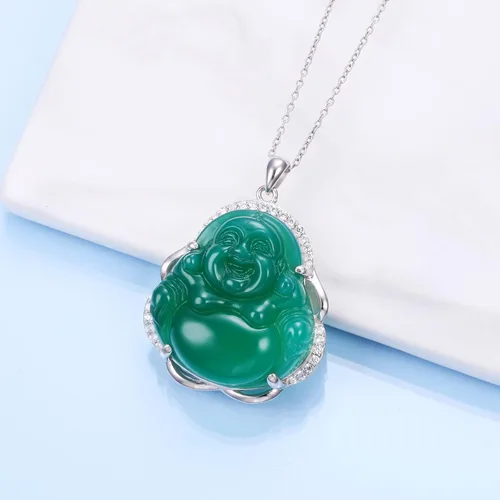 Vista 2 de Alphm S925 Sterling Silver Green Lucky Laughing Jade Buddha Pendant Necklace Jewelry